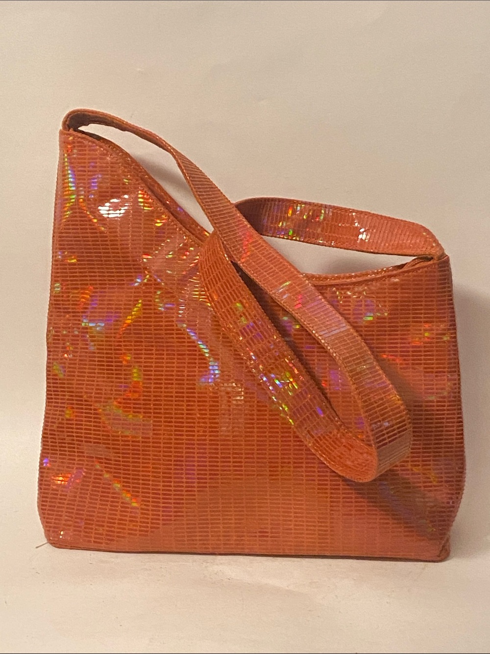 Judi Z shoulder bag tote assymetric shimmer burnt orange holographic snakeskin - Picture 1 of 6